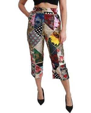 Dolce & Gabbana Silk Multicolor Print High Waist Cropped Pants