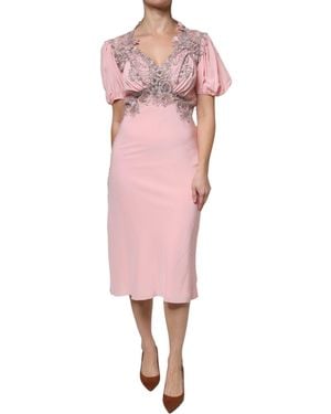 Ermanno Scervino Floral Lace Short Sleeves V-Neck Midi Dress - Pink