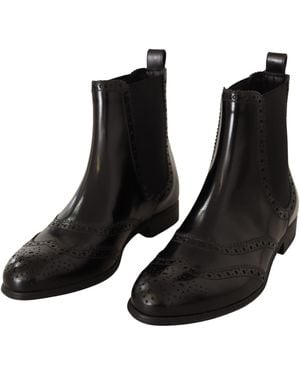 Dolce & Gabbana Leather Ankle High Flat Boots Shoes - Black