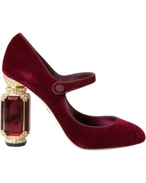 Dolce & Gabbana Velvet Crystals Heels Mary Jane Shoes - Red