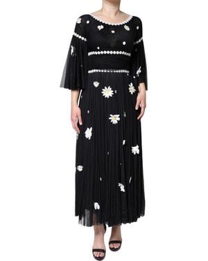Dolce & Gabbana Silk Daisy A-Line Long Maxi Dress - Black