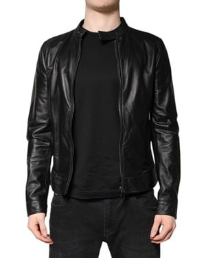 Dolce & Gabbana Sheep Leather Biker Full Zip Jacket - Black