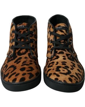 Dolce & Gabbana Leopard Pony Hair Leather Trainers Shoes - Brown