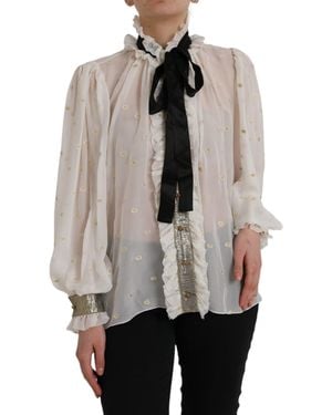 Dolce & Gabbana Off White Silk Blend Ascot Collar Blouse Top - Grey
