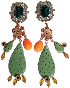 Dolce & Gabbana Cactus Crystal Clip On Dangling Jewelry Earrings - Green