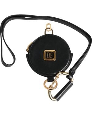 Dolce & Gabbana Round Leather Dg Logo Coin Purse Lanyard Wallet - Black