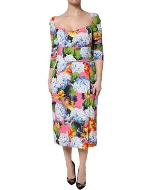 Dolce & Gabbana Floral Pleated Sheath Midi Dress - Blue