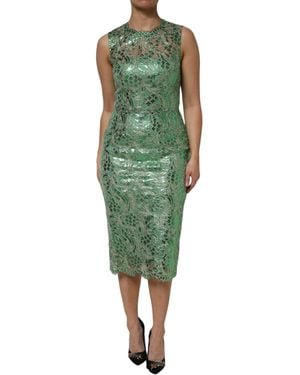 Dolce & Gabbana Cotton Floral Lace Sheath Midi Dress - Green