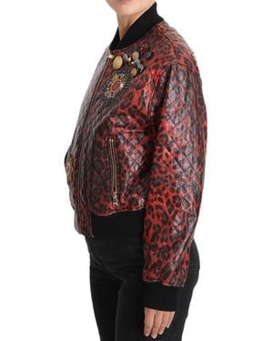 Dolce & Gabbana Red Leopard Button Crystal Leather Jacket