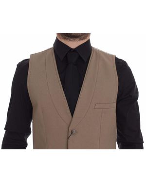 Dolce & Gabbana Beige Cotton Slim Fit Button Front Dress Vest - Black