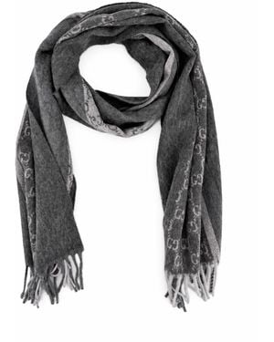 Gucci Monogram Charcoal Cashmere & Wool Scarf With Fringe Scarfs - Black