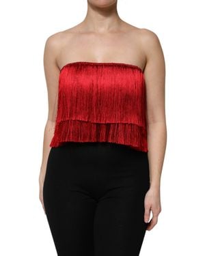 Dolce & Gabbana Silk Strapless Fringe Crop Tube Top - Red