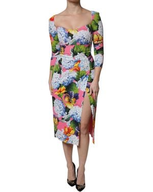 Dolce & Gabbana Floral Print Midi Dress Side Slit - Blue