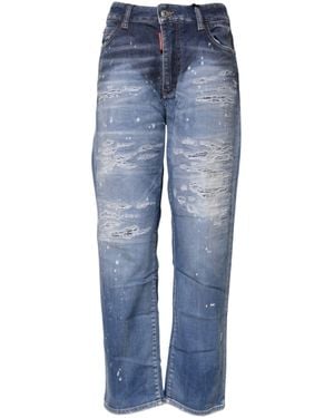 DSquared² Tattered Cotton Mid Waist Straight Denim Jeans - Blue