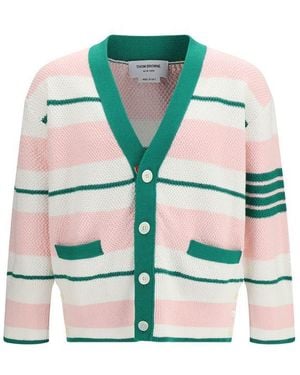 Thom Browne Classic Stripe Seed Stitch V Neck Cardigan - Green
