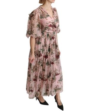 Dolce & Gabbana Bengal Cat Print A-Line Maxi Silk Dress - Pink