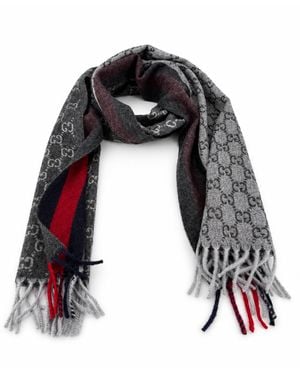 Gucci Monogram Charcoal Cashmere & Wool Scarf With Stripe Scarfs - Black