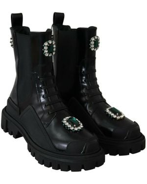Dolce & Gabbana Leather Crystal Combat Boots - Black