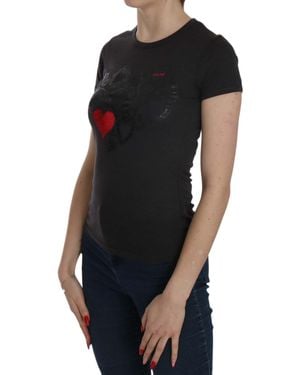 Exte Hearts Print Short Sleeve Casual Shirt Top - Black