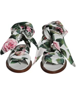 Dolce & Gabbana Floral Print Ankle Wrap Sandals Shoes Calf Leather Cotton - Green