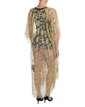 Dolce & Gabbana Floral Lace Crystal Gown Cape Dress - Natural