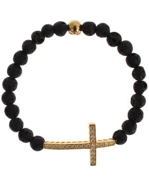 Nialaya Lava Stone Clear Cz Cross 925 Bracelet - Black