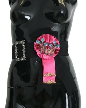 Dolce & Gabbana Elegant Floral Crystal Ribbon Waist Belt - Black