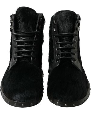 Dolce & Gabbana Pony Style Leather Mid Calf Boots Shoes - Black