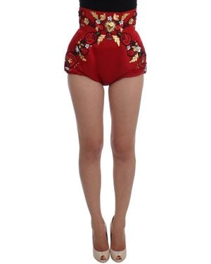 Dolce & Gabbana Silk Crystal Roses Shorts - Red