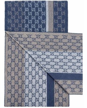 Gucci Monogram Cashmere & Wool Scarf With & Cream Fringe - Blue