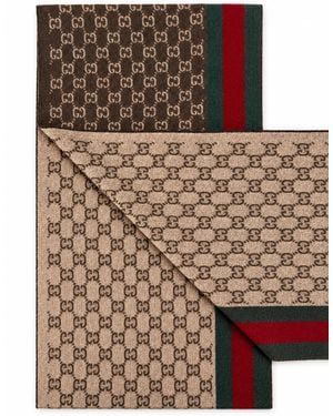 Gucci Monogram Cashmere & Wool Scarf With & Web Stripe - Brown