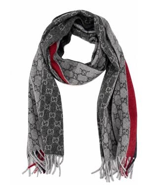 Gucci Monogram Cashmere & Wool Scarf With Stripe Scarfs - Grey