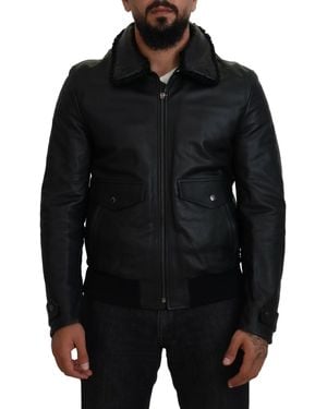 Dolce & Gabbana Lamb Leather Collared Coat Jacket - Black