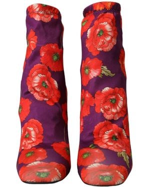 Dolce & Gabbana Floral Jersey Stretch Boots Shoes - Red