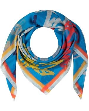 MCM Logo Print Silk Wool Large Scarf Shawl - Blue