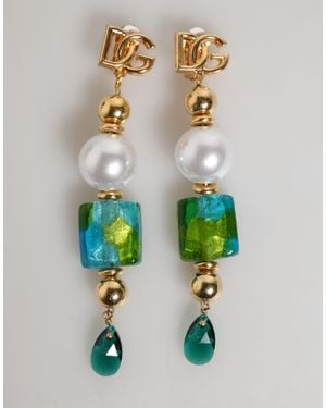 Dolce & Gabbana Brass Multicolor Pearl Drop Logo Dg Earrings - Green