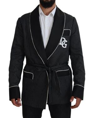 Dolce & Gabbana Striped Wrap Jacket With Dg Patch - Black