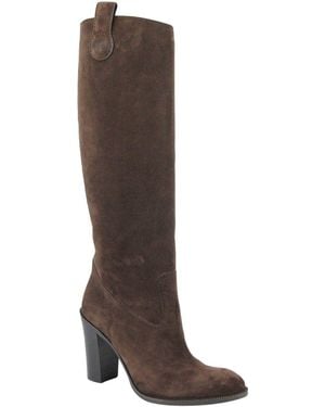 Gucci Leather Suede Script Logo Tall Knee Boots - Brown
