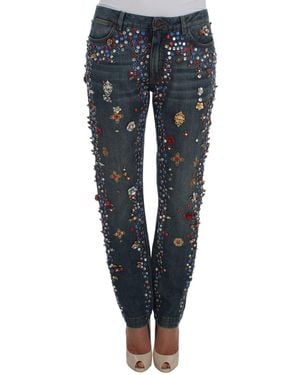 Dolce & Gabbana Crystal Roses Heart Embellished Jeans - Blue