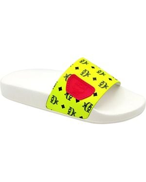 MCM Neon Logo Leather Rubber Slides Sandals - White