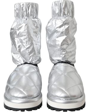 Dolce & Gabbana Metallic Quilted Logo Patch Boot Shoes - Gray