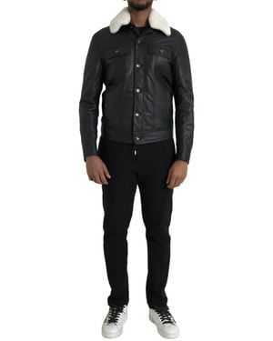 Dolce & Gabbana Leather Fur Collar Biker Coat Jacket - Black