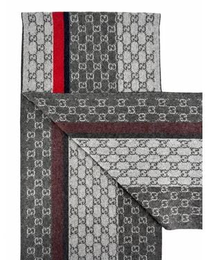 Gucci Monogram Cashmere & Wool Scarf With & Stripe - Gray