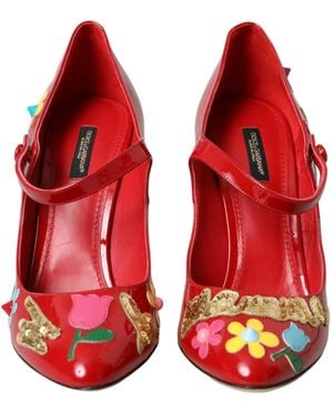 Dolce & Gabbana Leather Embellished Mary Jane Pumps Heels Shoes - Red