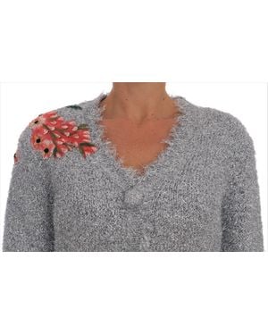 Dolce & Gabbana Dolce Gabbana Silver Cardigan Floral Applique Jumper - Grey