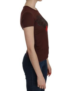 Exte Heart Print Crew Neck T-shirt Short Sleeve Blouse - Red