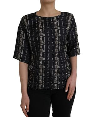 Dolce & Gabbana Key Castle Print Silk Blouse T-Shirt - Black