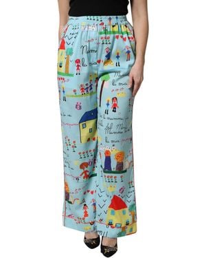Dolce & Gabbana Drawing Mid Waist Wide Leg Pants - Blue
