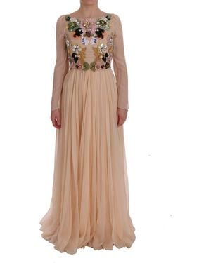 Dolce & Gabbana Silk Floral Crystal Maxi Gown Dress - Natural
