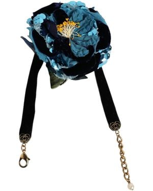 Dolce & Gabbana Floral Appliquã Velvet Choker Crystal Beads Necklace - Blue